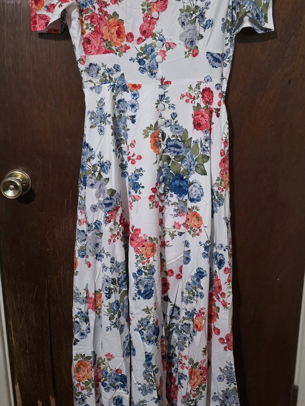 chicme White Floral Maxi Dress with Blue and Pink Blooms